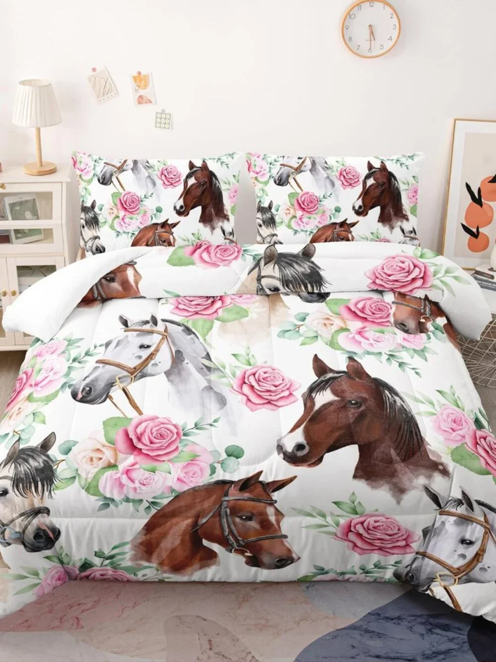 Horse and Flower Comforter Set for Girls Kids Horse and Floral 3 Piece Bedding S